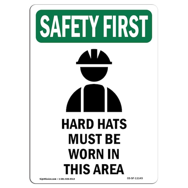 OSHA Sign, Hard Hats Must, 14in X 10in Aluminum, 10" W, 14" H, Portrait, OS-SF-A-1014-V-11149